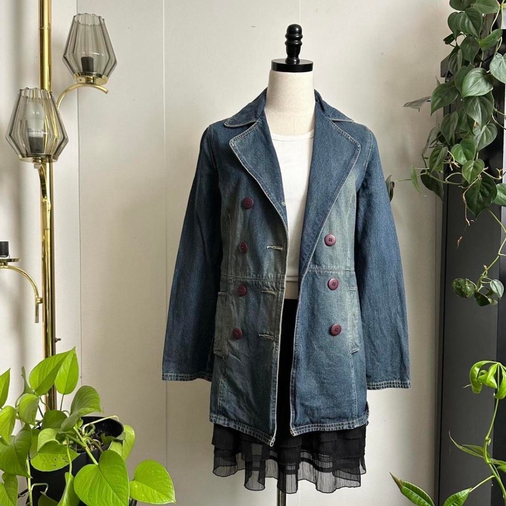 Xhilaration Y2K Denim Pea Coat Jacket Distressed Blue Purple Buttons Women Small